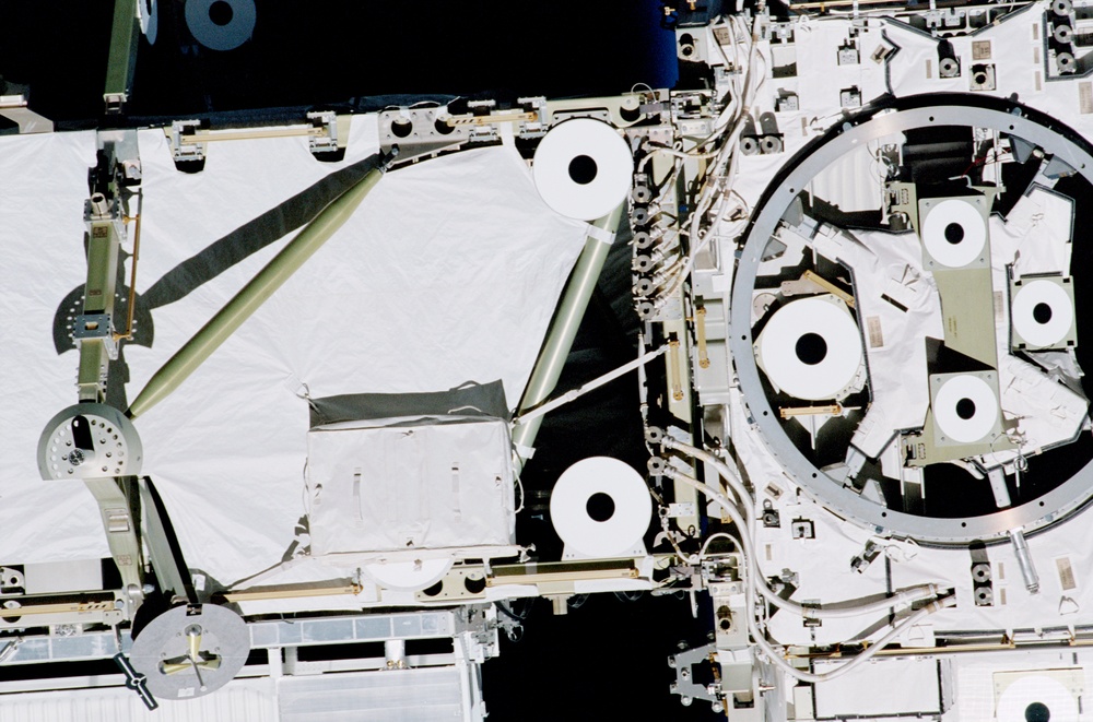 The P6 Truss and Z1 Truss taken during ISS undocking of the STS-100 mission