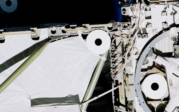 The P6 Truss and Z1 Truss taken during ISS undocking of the STS-100 mission