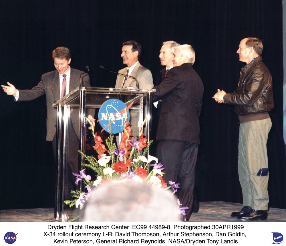 X-34 rollout ceremony April 30, 1999 - David Thompson, Arthur Stephenson, Dan Goldin, Kevin Petersen