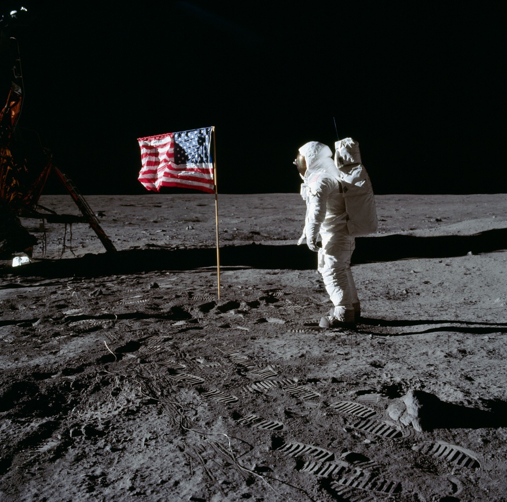 Apollo 11 Mission image - Astronaut Edwin Aldrin poses beside the U.S. flag that has been placed on the moon