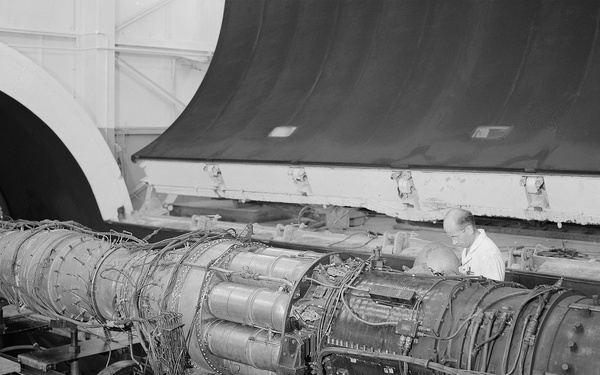 TG-190 ENGINE WITH REPUBLIC AFTERBURNER INSTALLED IN THE ALTITUDE WIND TUNNEL AWT