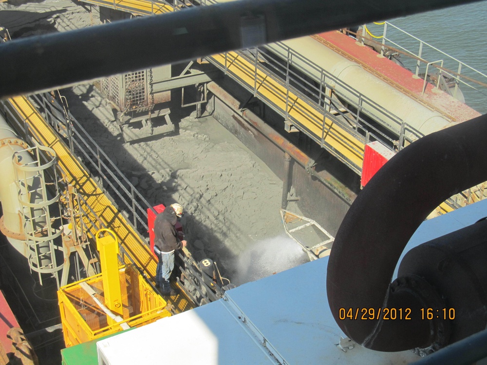 The dredge's central hopper holds the sand that will be used to cap the Newark Bay CDF