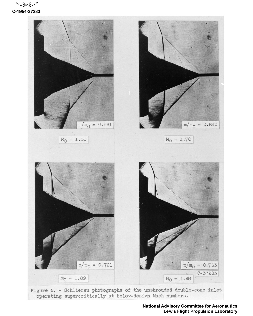 SCHLIEREN PHOTOGRAPHS OF DOUBLE CONE INLET OPERATING SUPERCRITICALLY AT BELOW DESIGN MACH NUMBERS