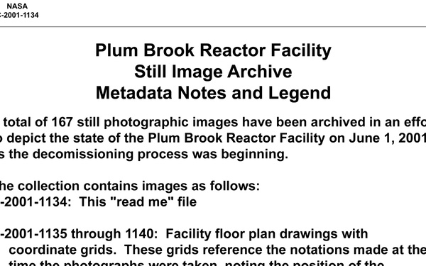 PLUM BROOK REACTOR FACILITY / READ ME FILE