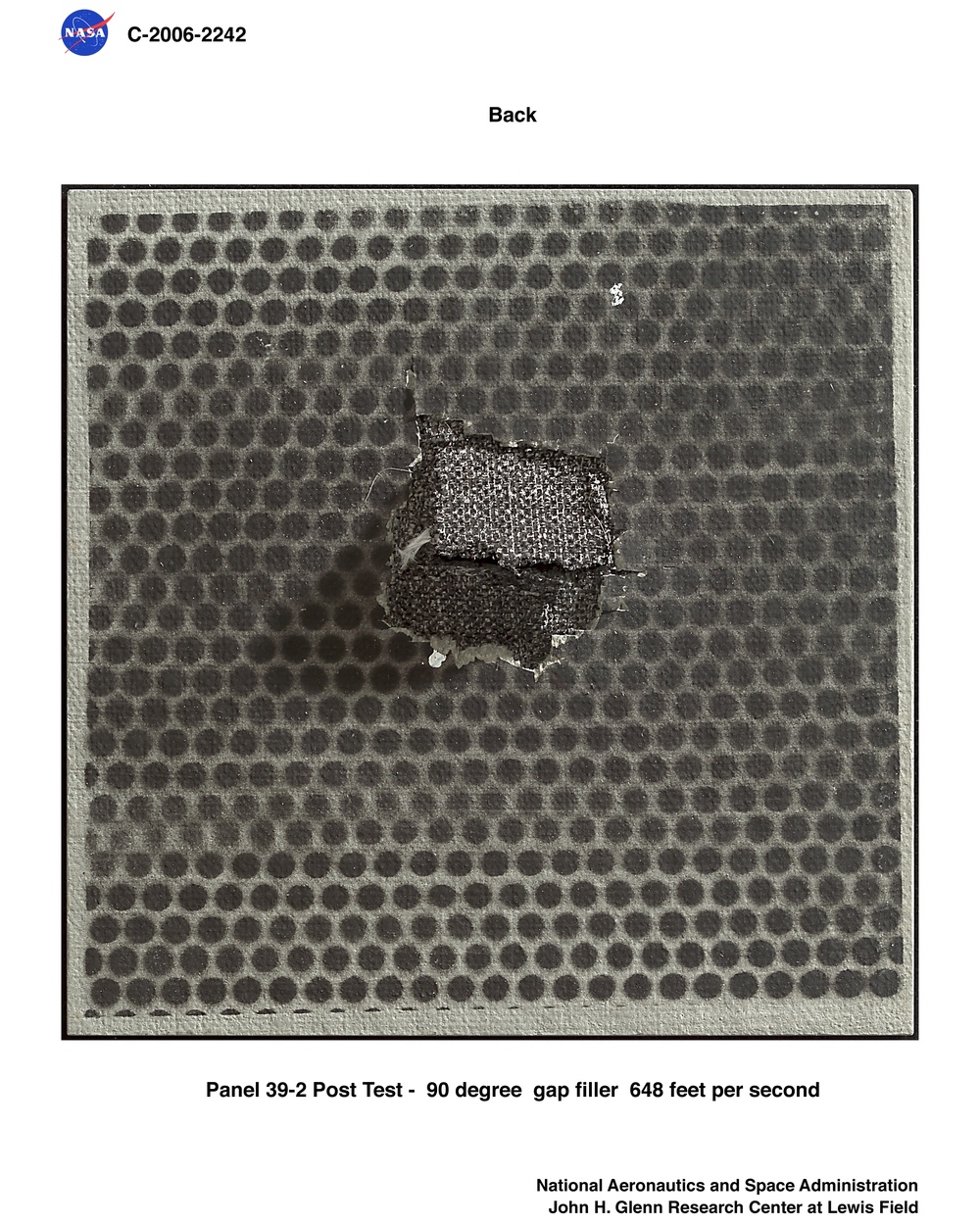 Reinforced Carbon/Carbon panels post test pictures.  Ballistic impact testing using Gap Filler.