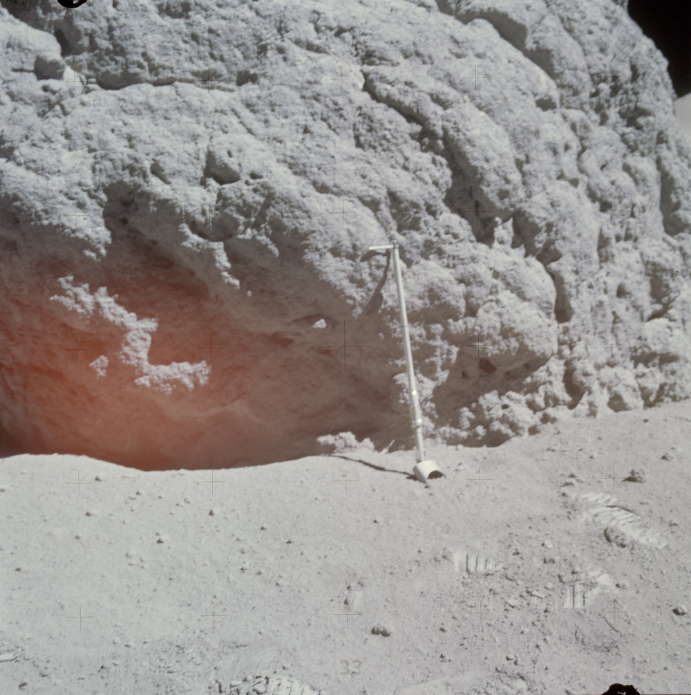 Apollo 16 Mission image - Astronaut Charles M. Duke Jr., Apollo 16 lunar module pilot, exposed this view of ''Shadow Rock'' with his 70mm Hasselblad camera during the mission's third and final extravehicular activity EVA-3, on April 23, 1972.