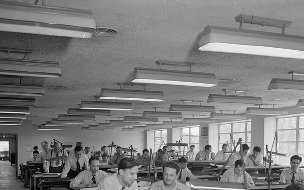 INTERIOR VIEW OF DRAFTING ROOM IN ERB SHOWING MEN AT WORK