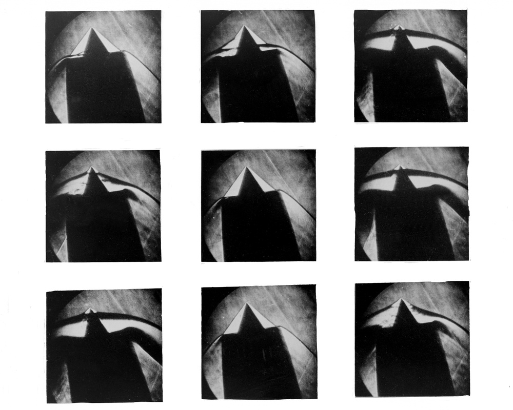 SEQUENCE OF PHOTOGRAPHS AT INLET FOR COLD FLOW OPERATION AT MACH 2.0 TAKEN BY HIGH SPEED MOTION PICTURE CAMERA