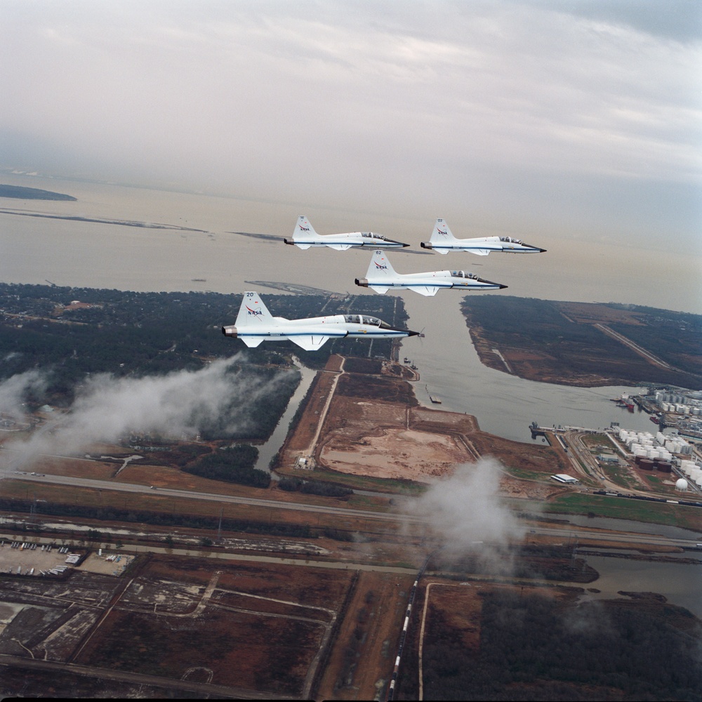 T-38 jet aircraft fly in formation