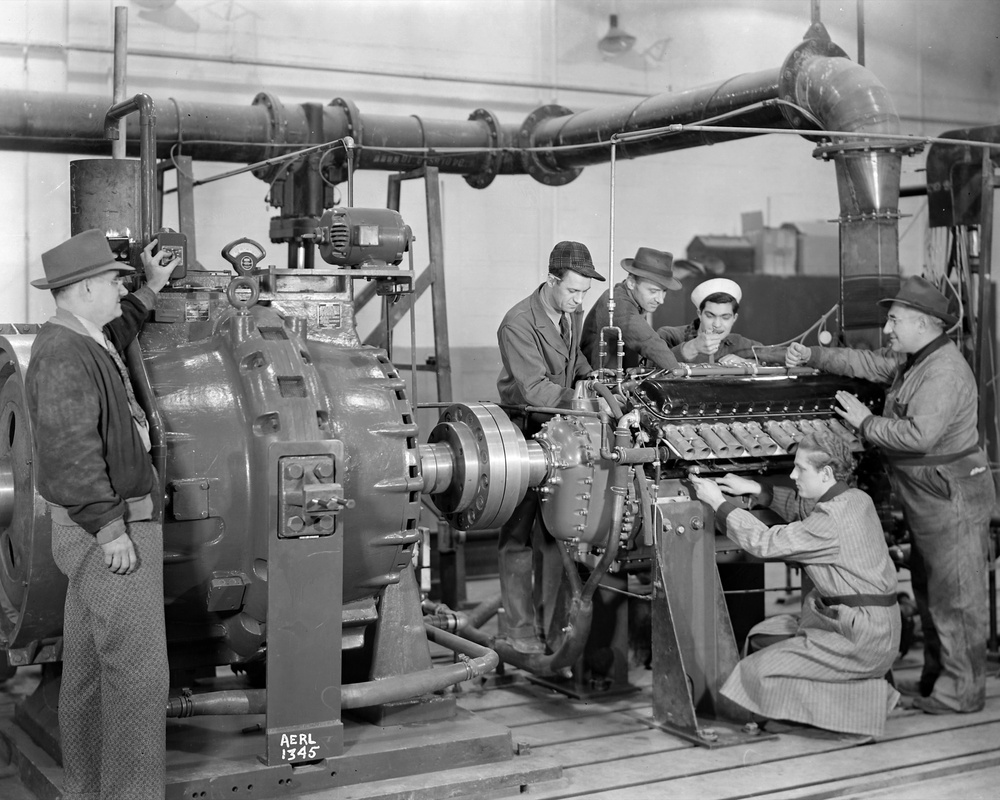 CREW AT WORK ON DYNAMOMETER ON ALLISON V-1710 ENGINE IN EAST WING IN ERB