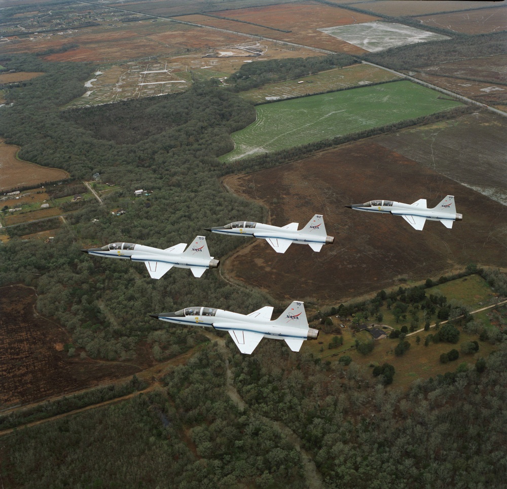 T-38 jet aircraft fly in formation