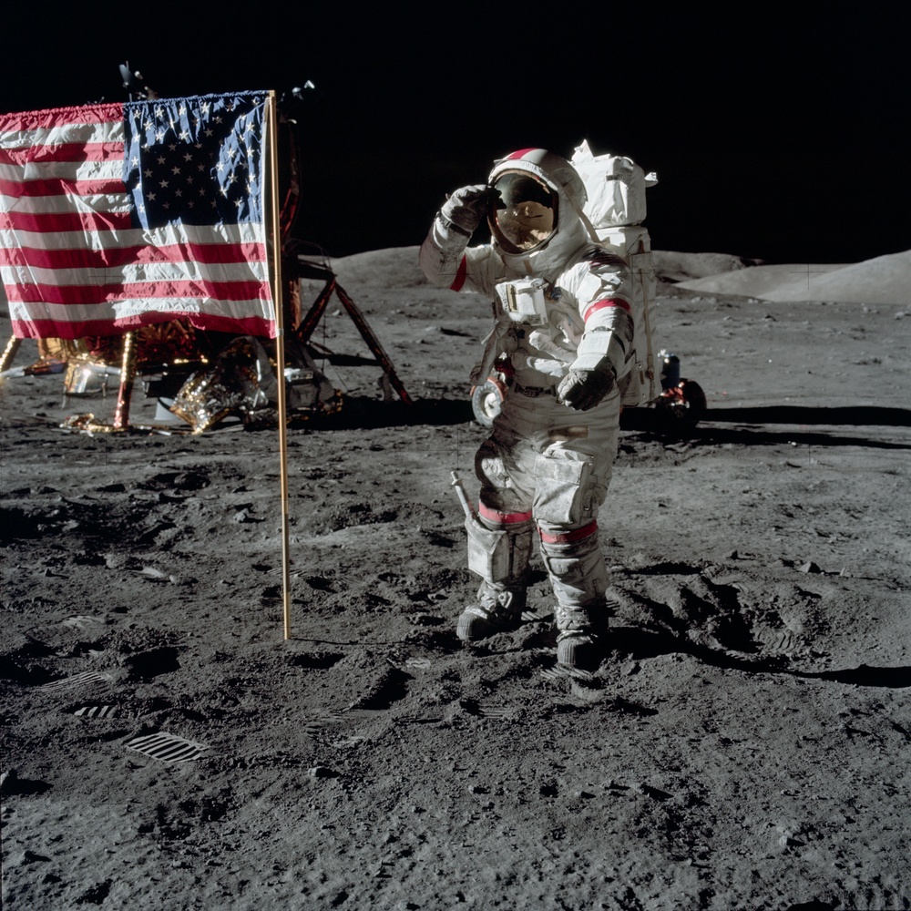 Apollo 17 Mission image - station Lunar Module LM, LM, LRV, Flag, Commander