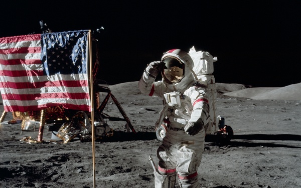 Apollo 17 Mission image - station Lunar Module LM, LM, LRV, Flag, Commander