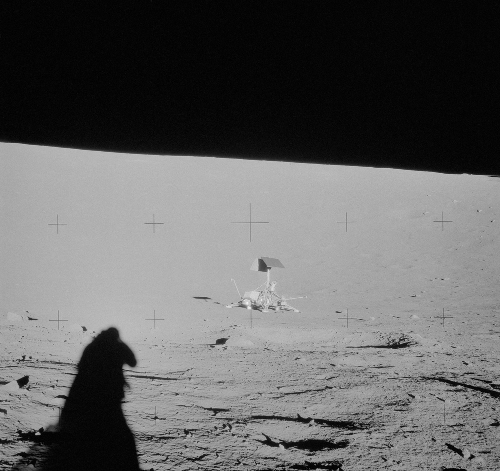 Apollo 12 Mission image  - Surveyor Crater and Surveyor III,which landed April 19,1967