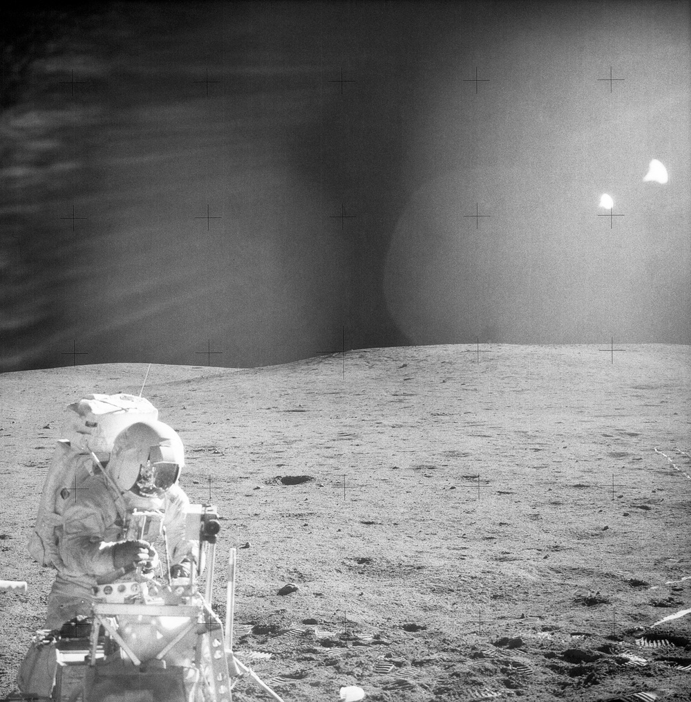 Apollo 14 Mission image - 360 degree pan from EVA 2 with Astronaut Mitchell and the Modular Equipment Transporter in FOV.