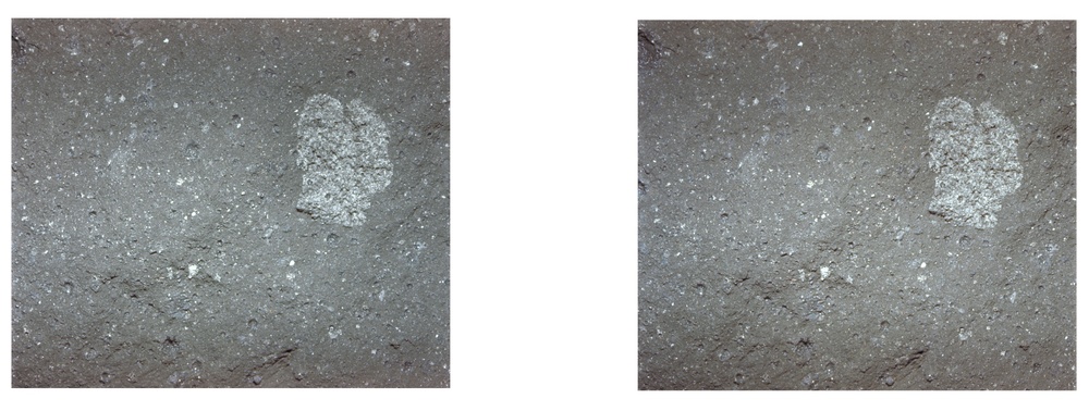 Apollo 11 stereo view showing lump of surface powder with colored material