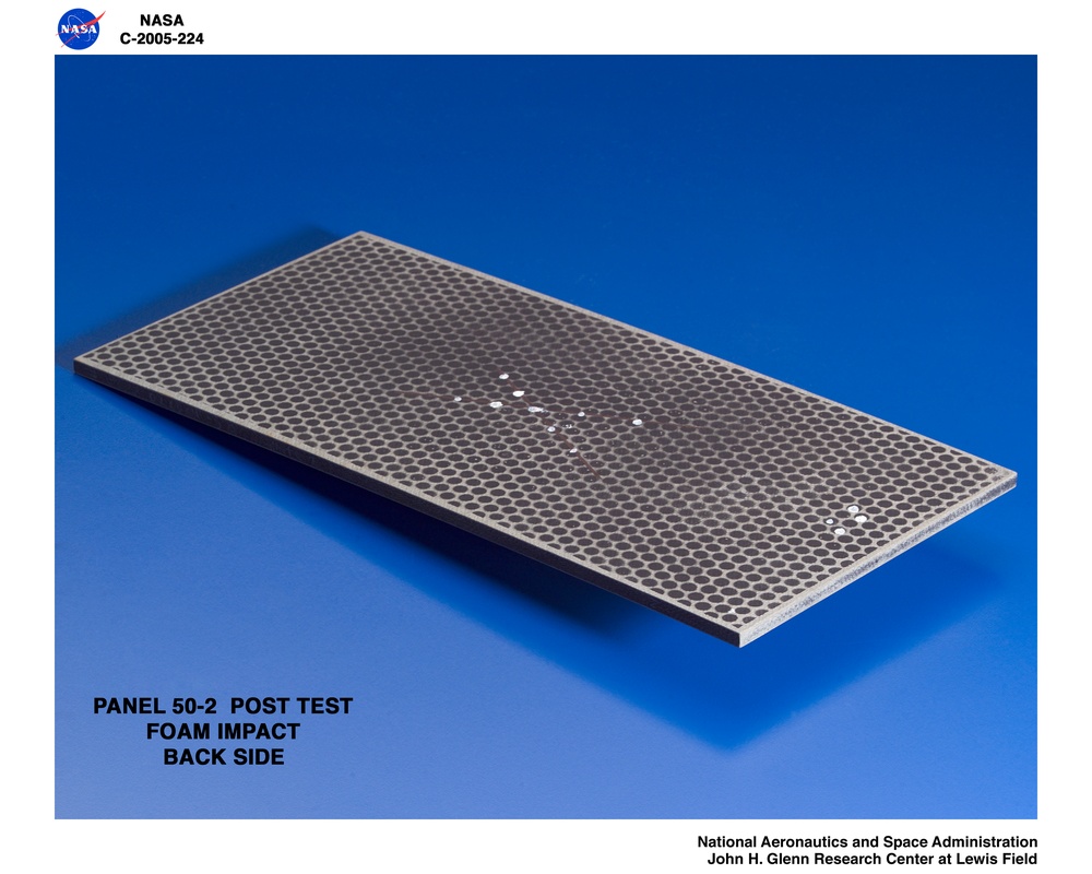Panel 50-2 Post test RCC carbon / carbon fiber panels - the panels are space shuttle tile material being tested in the ballistics lab building 49