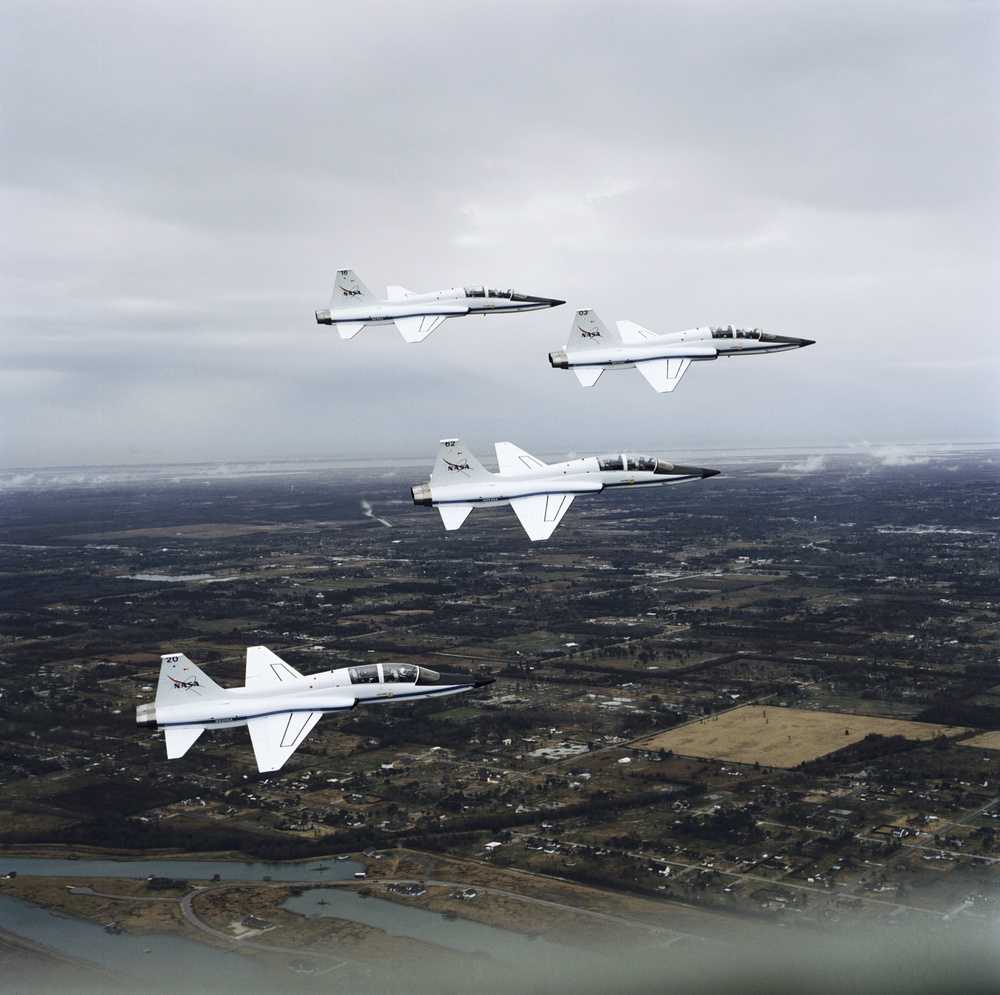 T-38 jet aircraft fly in formation
