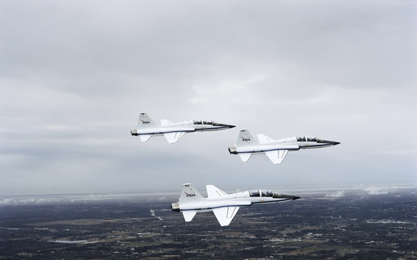 T-38 jet aircraft fly in formation