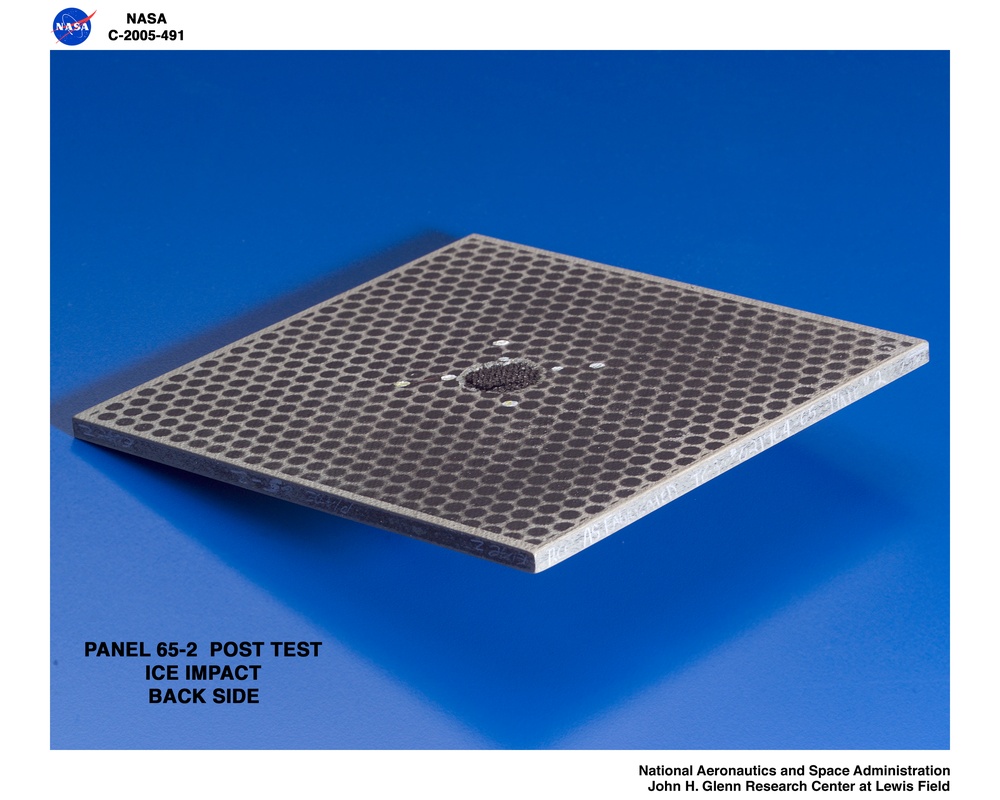 Panel 65-2 post test RCC carbon / carbon fiber panels - the panels are space shuttle tile material tested in the ballistics lab building 49