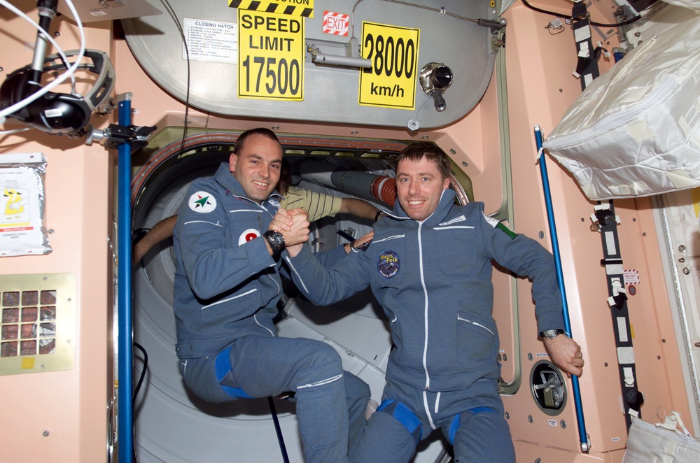 Soyuz 4 SFP Shuttleworth and FE-1 Vittori in Node 1 during Expedition Four