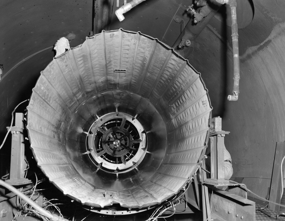DAMAGED COMBUSTION LINER OF 48 INCH NAVAJO RAM JET ENGINE IN THE PROPULSION SYSTEMS LABORATORY PSL NO. 2