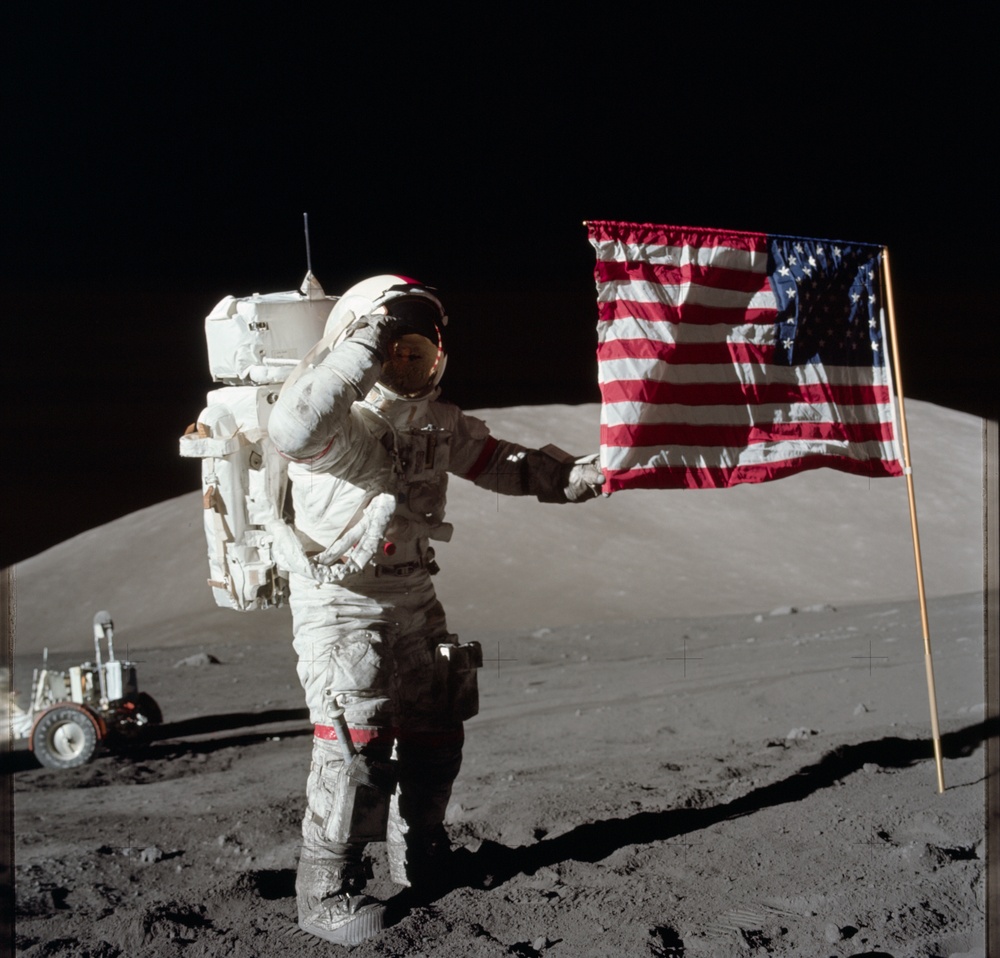 Apollo 17 Mission image - station Lunar Module LM, Flag, CDR, LRV