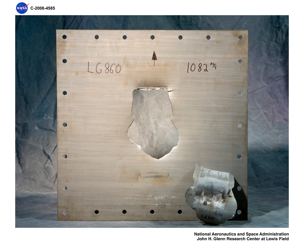 INCONEL 718 panels after impact testing in the Ballistics Impact Lab with Titanium Simulated Jet Engine Blade