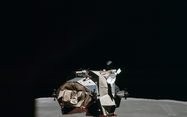 Apollo 16 Mission image - View of the Messier A Crater and LM during LM Inspection.