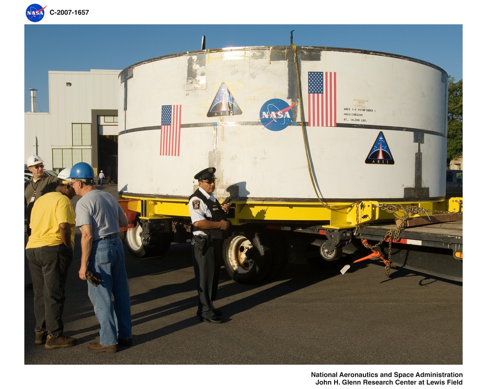 The Ares I-X Pathfinder 1 (PF1) segment move from Building 50 to Building 333