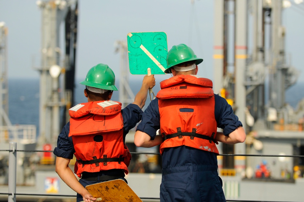 USS Blue Ridge crew conducts replenishment at sea