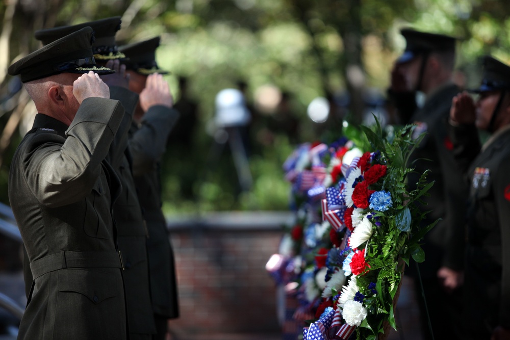 Marines salute wreaths being laid for Beirut Memorial