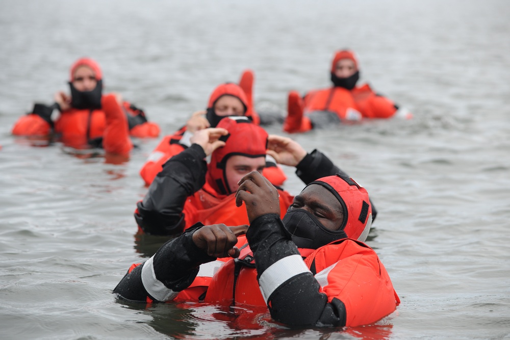 Coast Guard crew trains with cold water survival swims