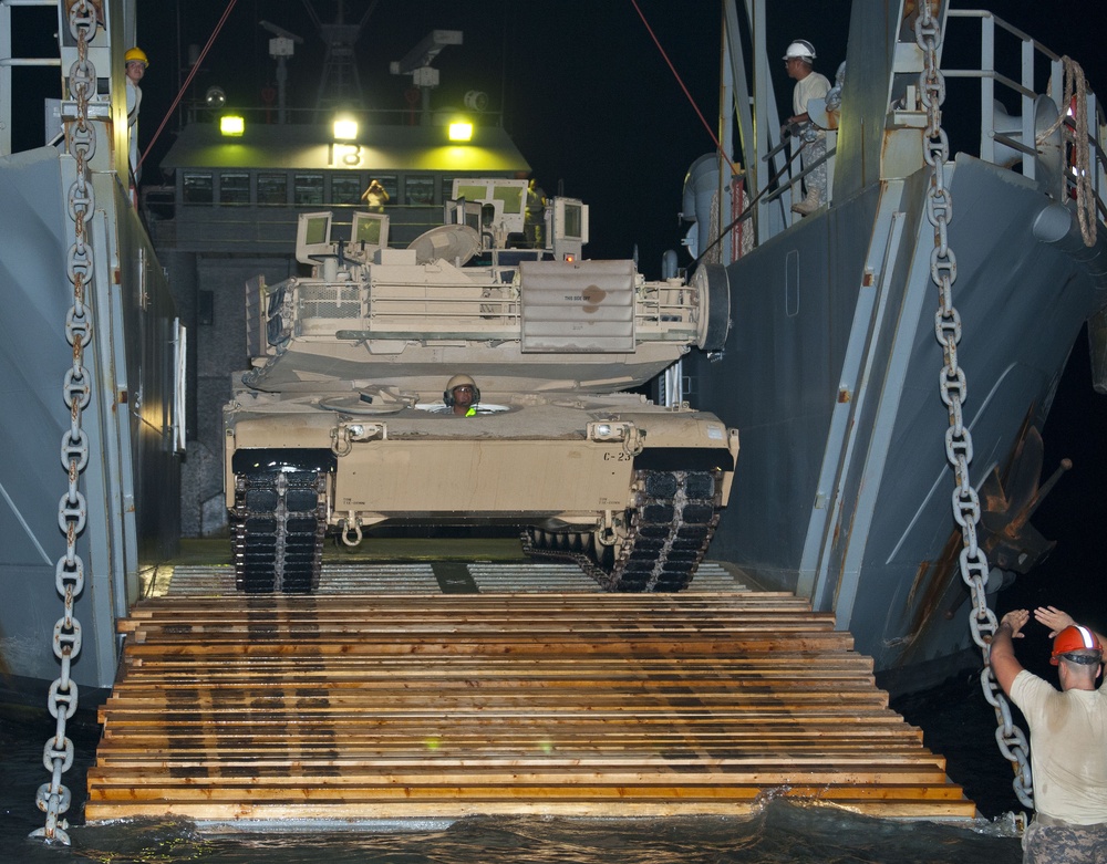 Driving an Abrams onto the deck of the USAV Five Forks