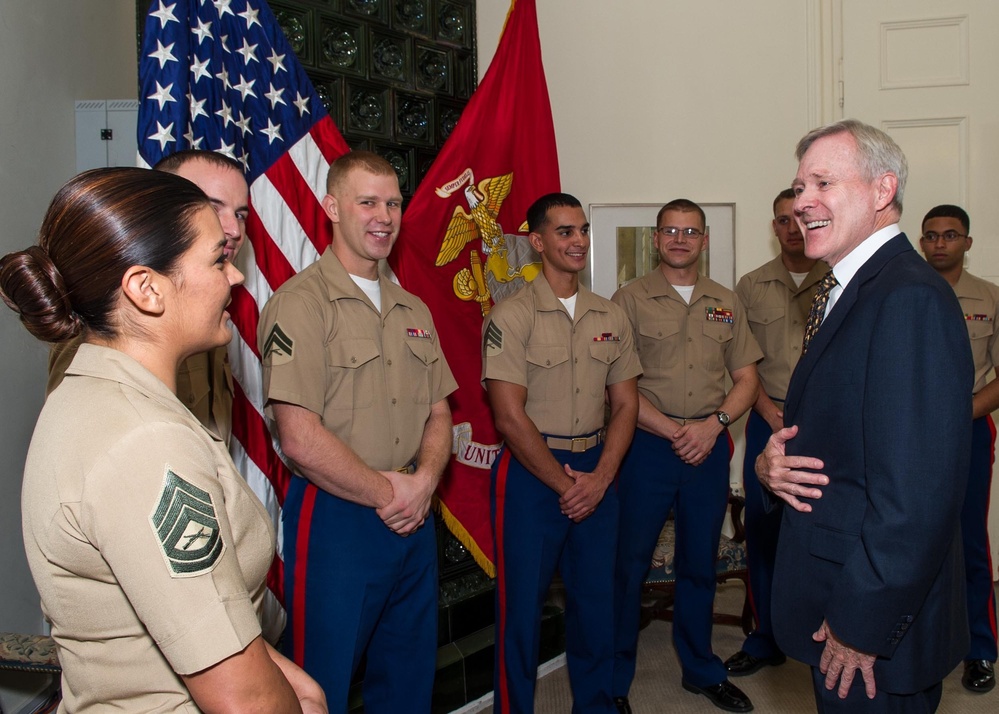 Secretary of the Navy Ray Mabus, speaks with US Ambassador