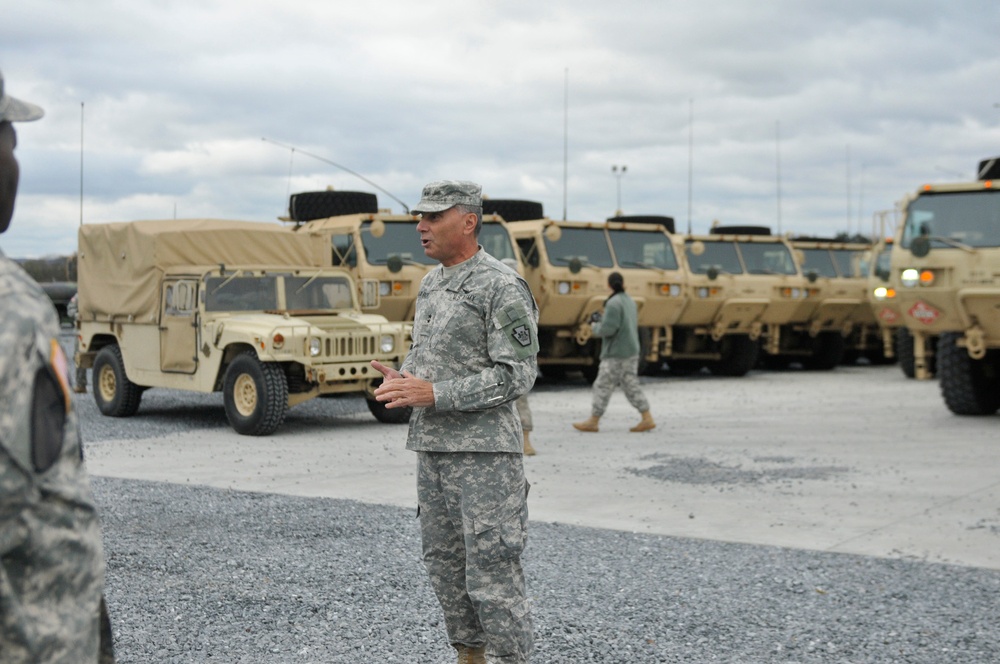 Maj. Gen Randall R. Marchi addresses soldiers prior to support mission to New Jersey