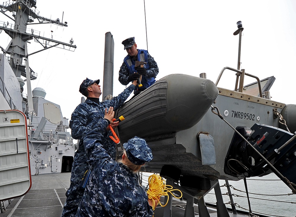 USS Truxton sailor prepares for inspection