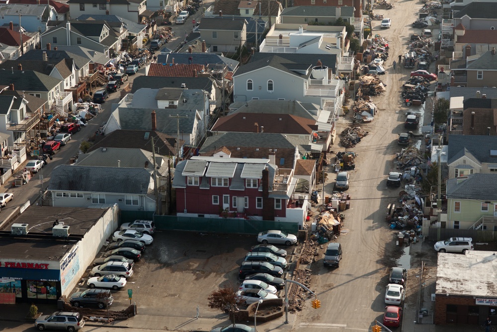 Aerial view of damage to homes on Long Beach, NY