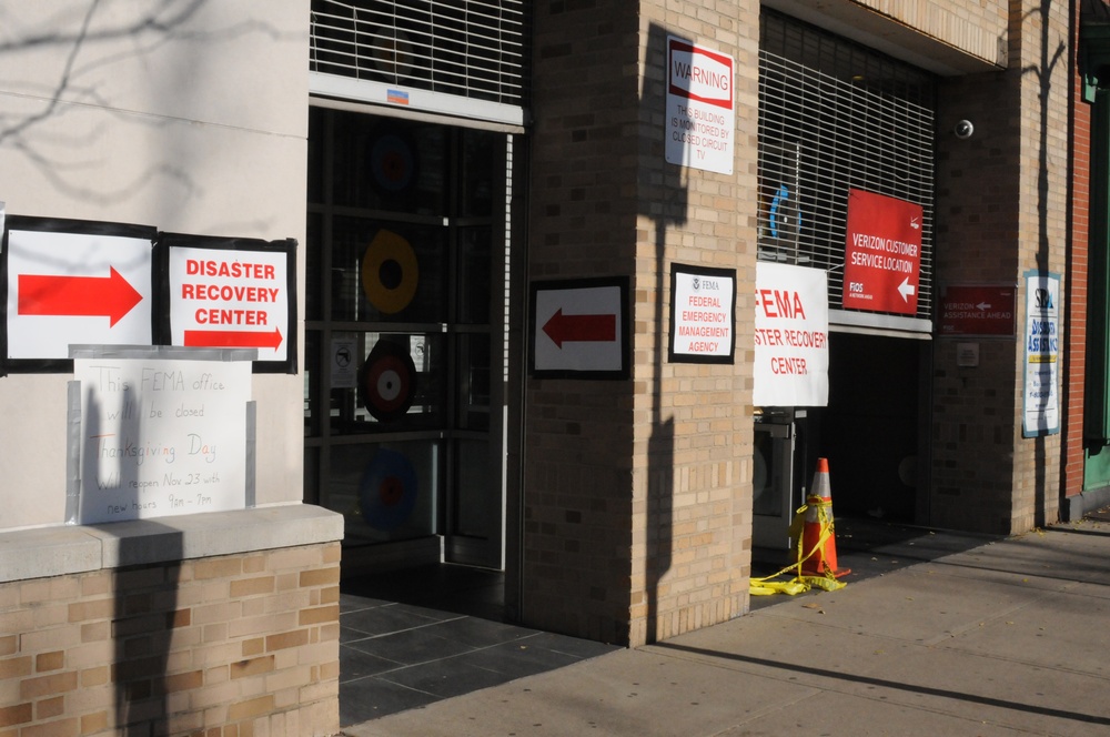 Signs at FEMA disaster center entrance