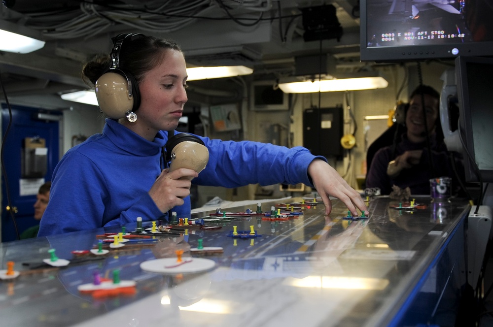 USS Nimitz sailor monitors flight deck control