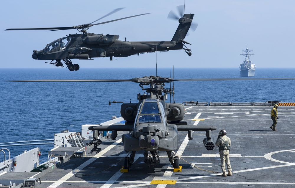 Army Apache helicopters aboard USS Ponce