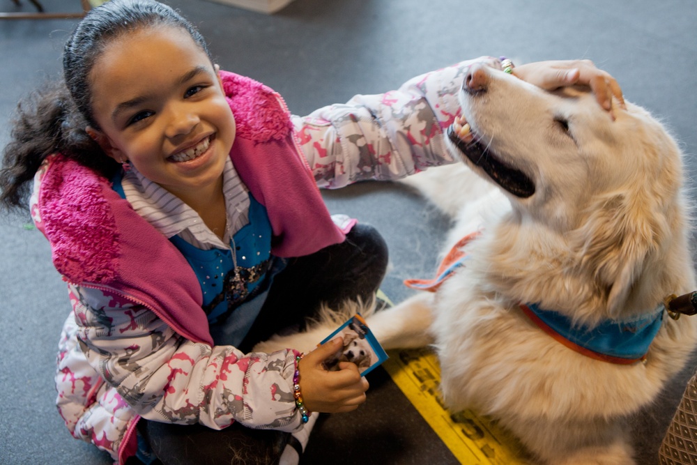 Comfort Dog provides support to a disaster survivor at a FEMA Recovery Center in Long Beach, NY