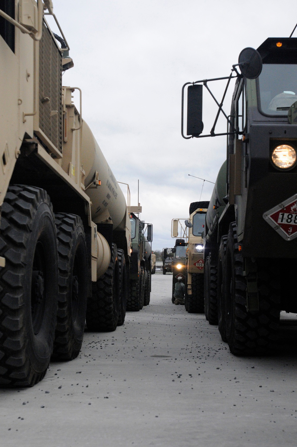 Army vehicles on standby for disaster relief fueling missions