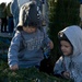 Two young toddlers wearing matching gray knit hats with skull designs and gray hooded sweatshirts are exploring cut Christmas trees at what appears to be an outdoor Christmas tree lot. The children are touching and examining the pine branches on the ground. Adults and a vendor tent are visible in the background.