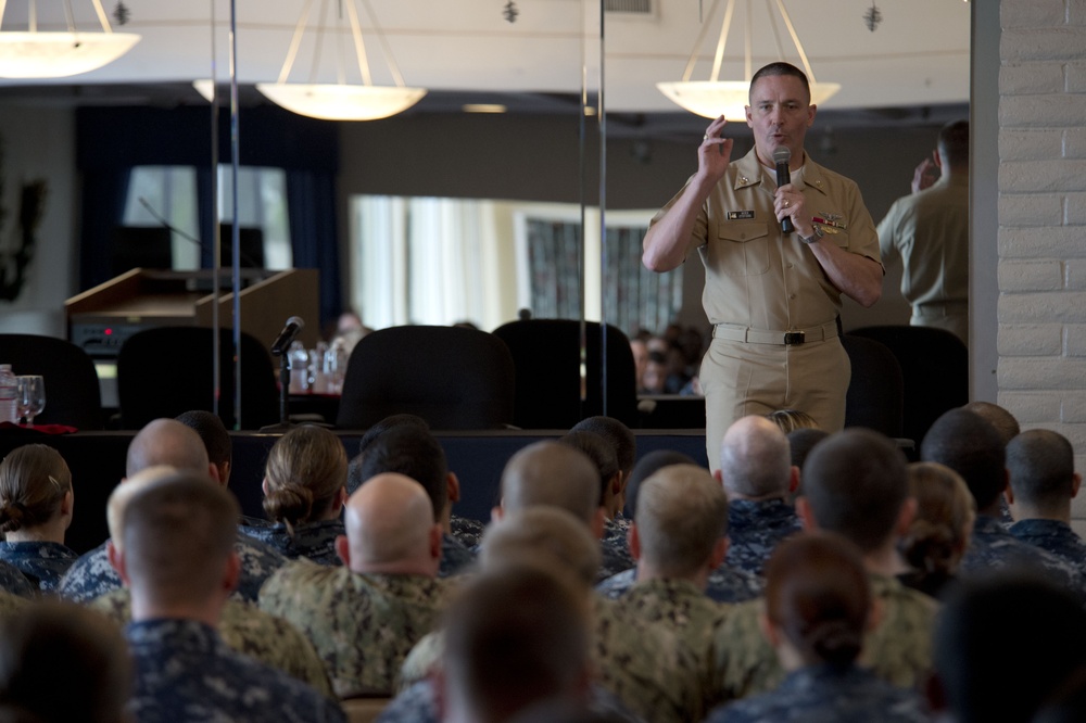 MCPON Mike Stevens makes his first all-hands call at NASNI