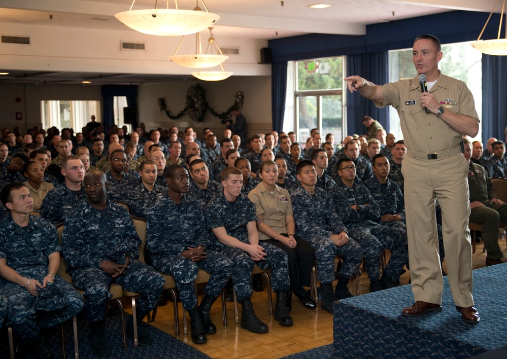 MCPON Mike Stevens makes his first all-hands call at NASNI