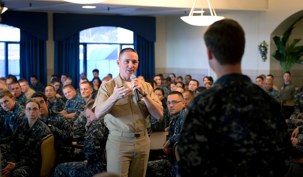 MCPON Mike Stevens makes his first all-hands call at NASNI