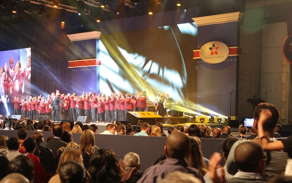Military service members and their families watch the Kids' Inaugural Concert