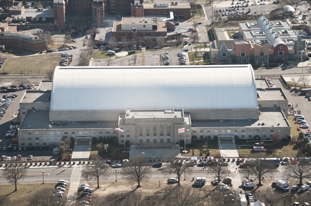 Aerial view of the DC National Guard Armory and National Mall in Washington