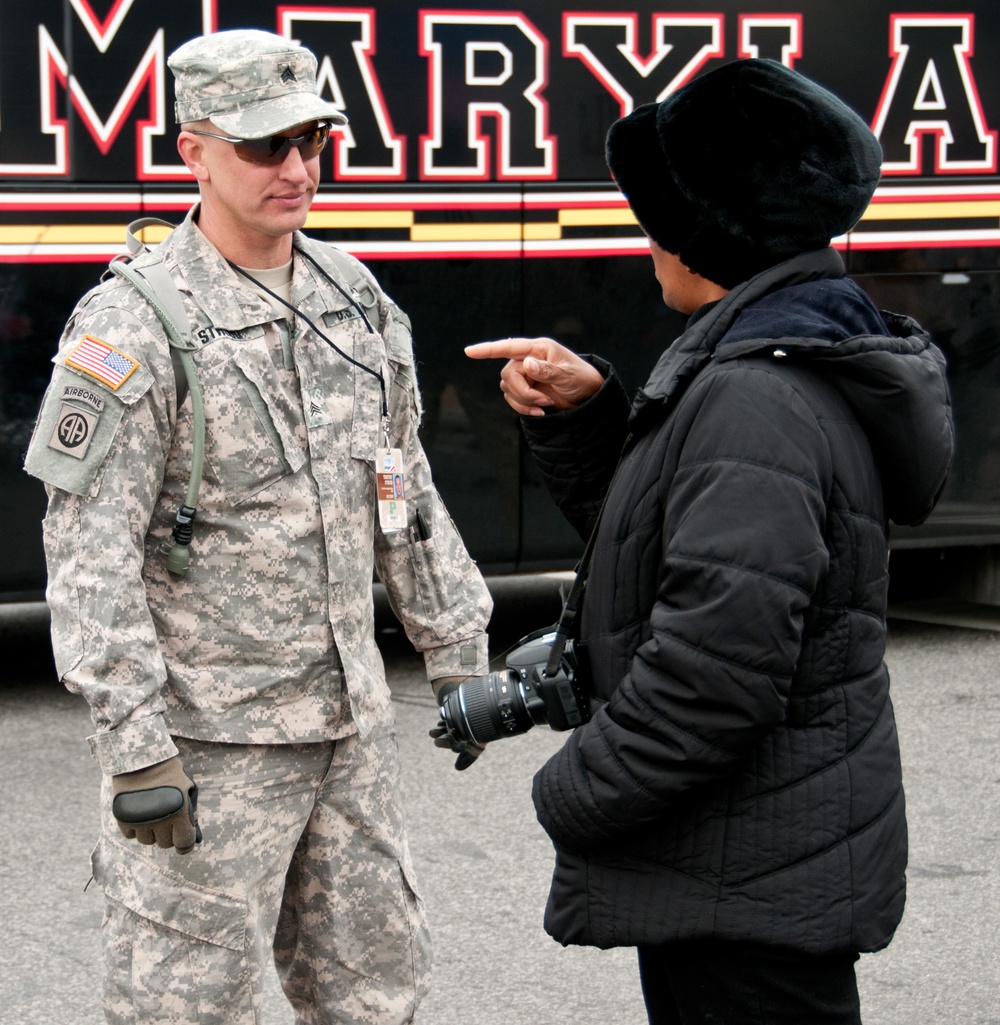 Army National Guard Sgt. Stroud assists visitors in Washington during the 57th Presidential Inauguration